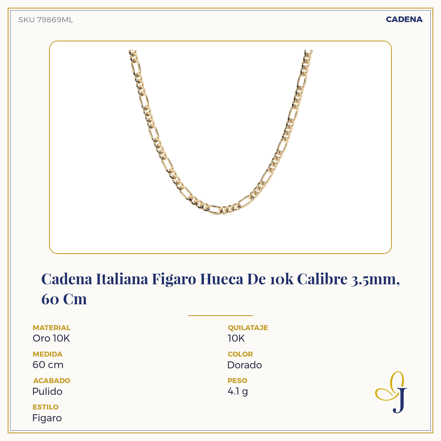 Cadena Italiana Figaro Hueca De 10k Calibre 3.5mm, 60 Cm
