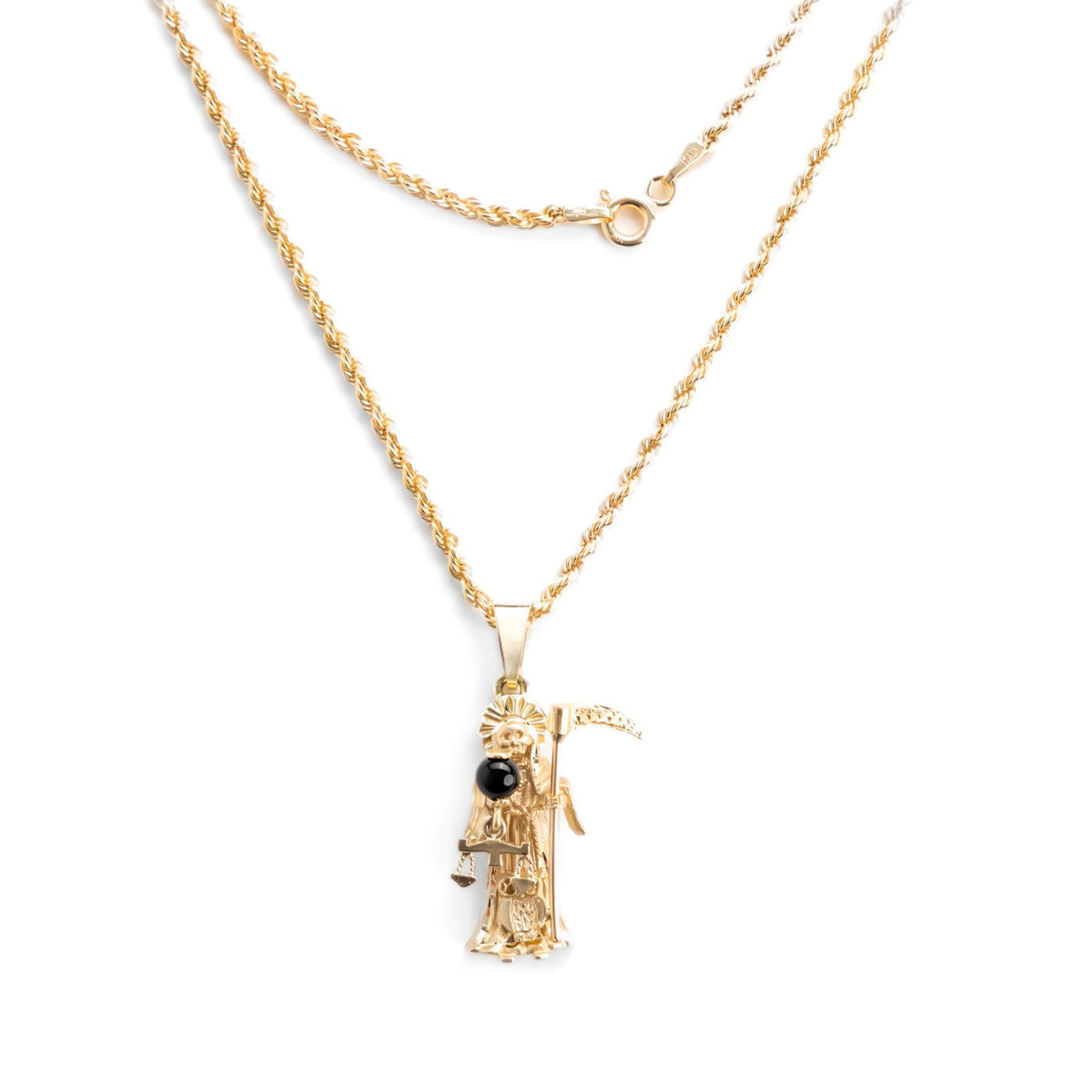 Collar De La Santa Muerte En Oro De 10k Con Piedra Ónix