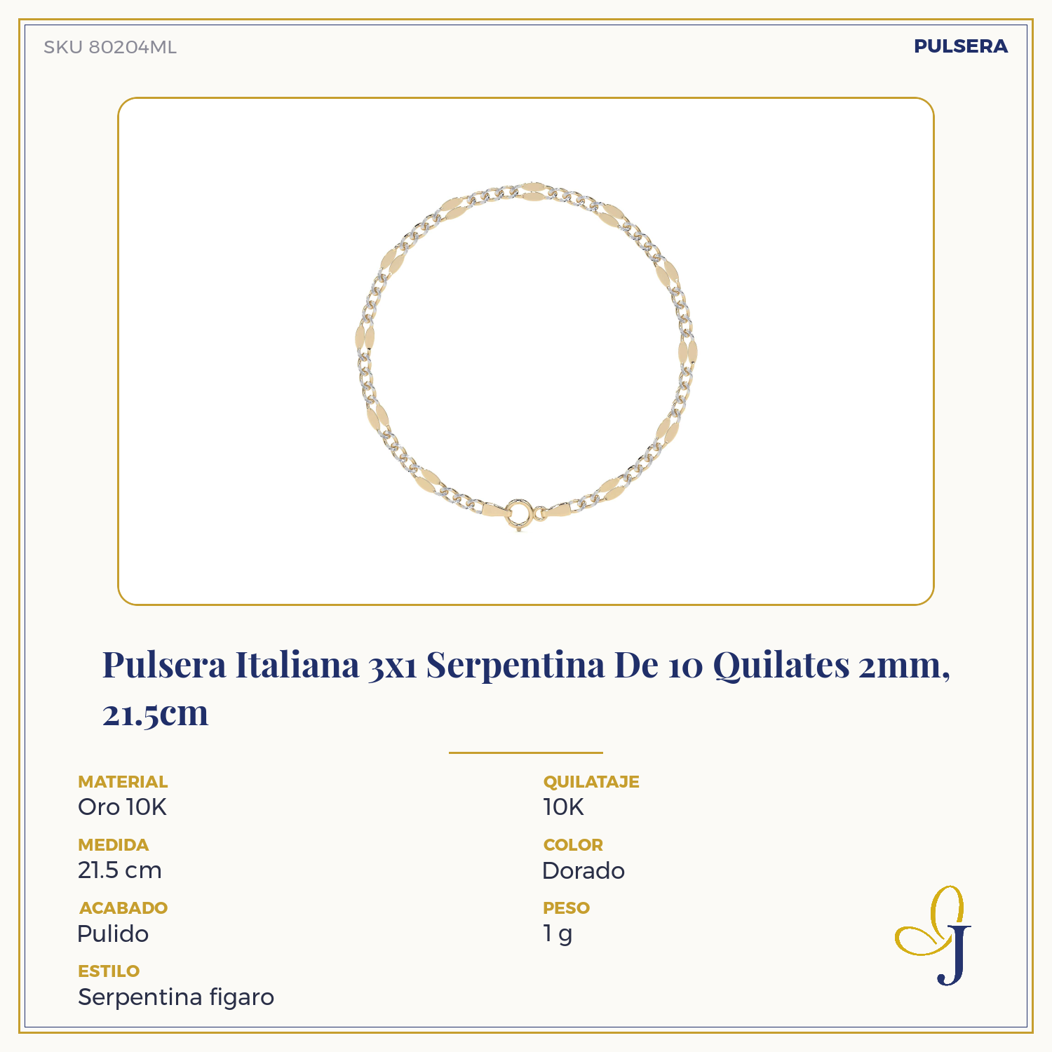 Pulsera Italiana 3x1 Serpentina De 10 Quilates 2mm, 21.5cm