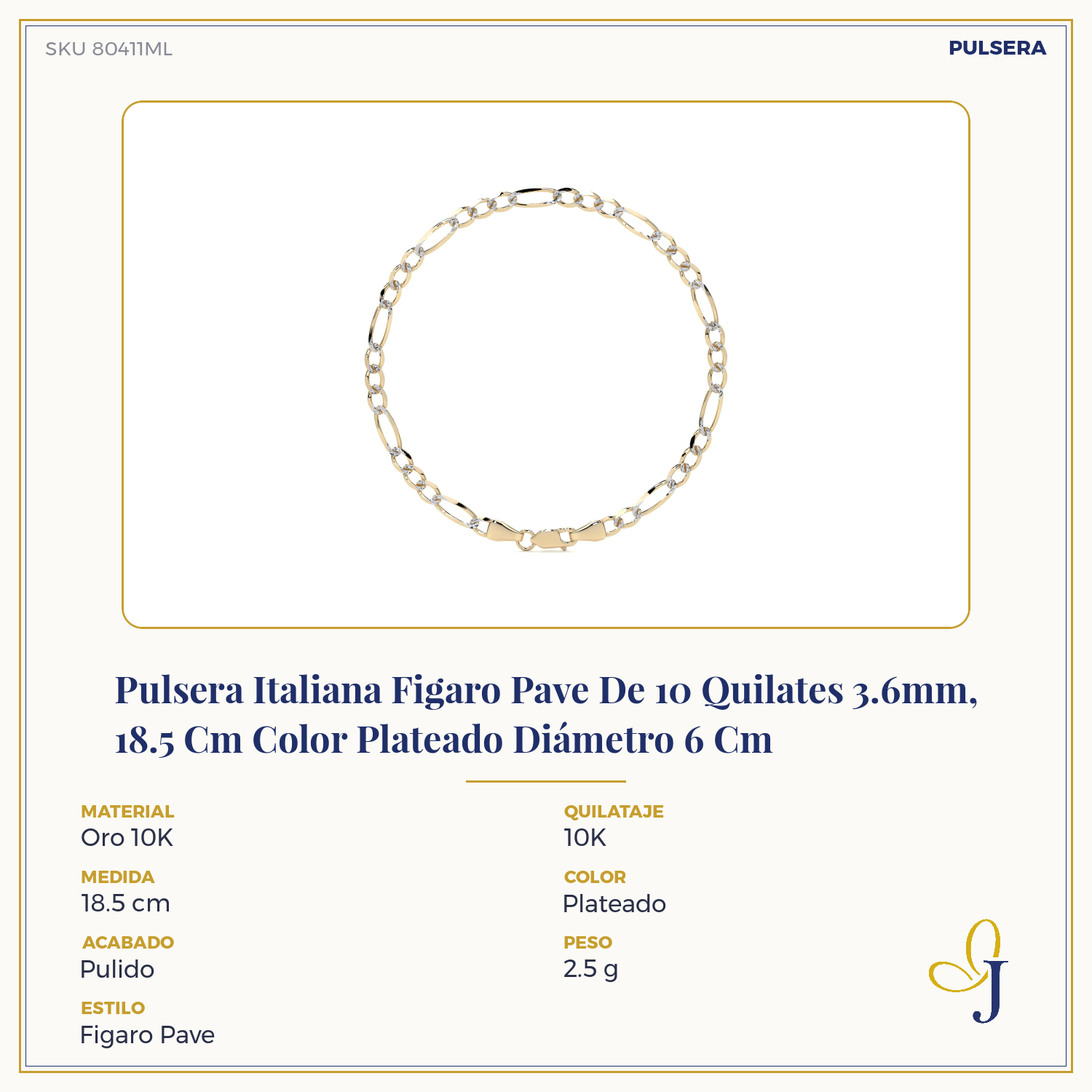 Pulsera Italiana Figaro Pave De 10 Quilates 3.2mm, 21.5 Cm