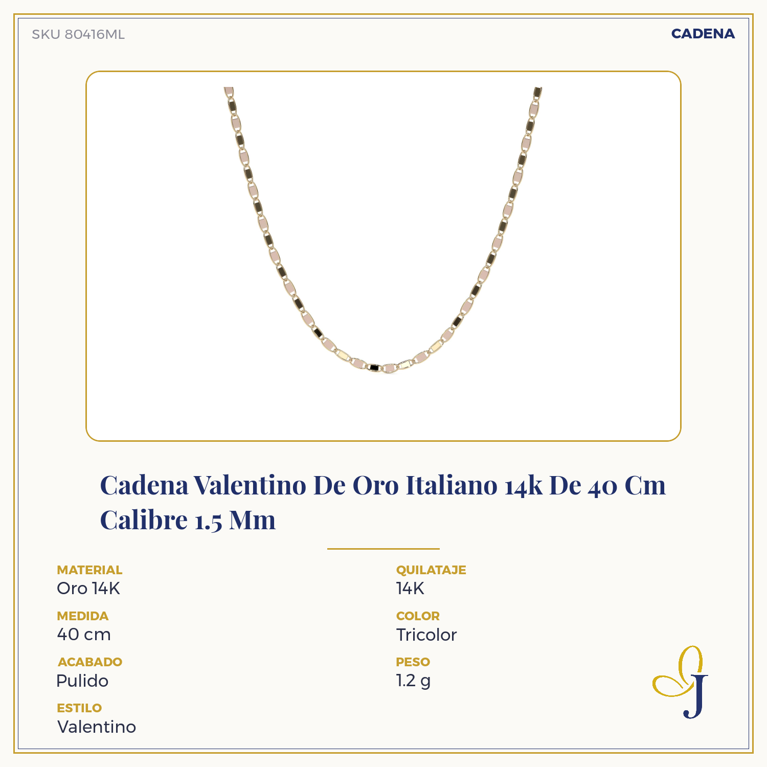 Cadena Valentino De Oro Italiano 14k De 40 Cm Calibre 1.5 Mm