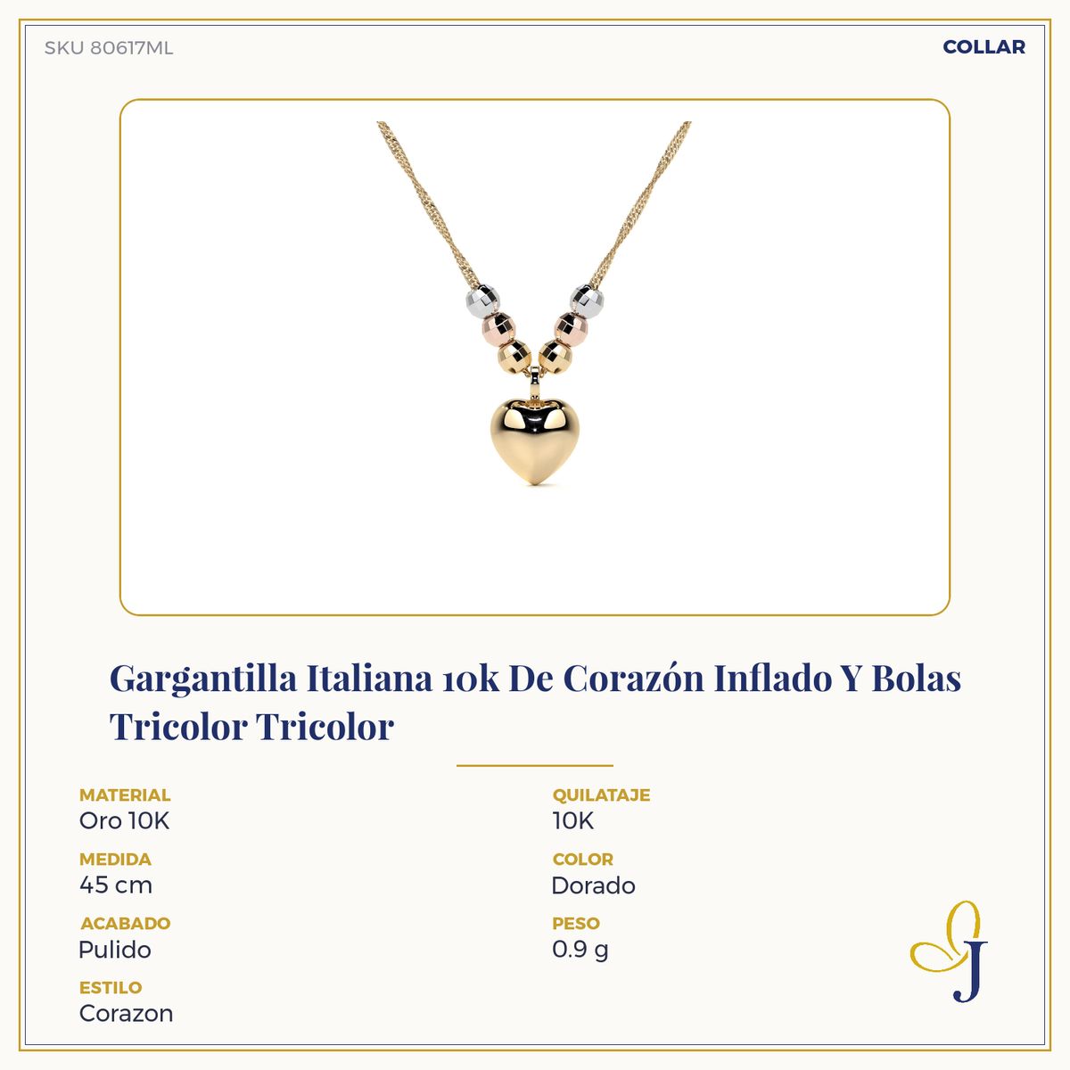 Gargantilla Italiana 10k De Corazón Inflado Y Bolas Tricolor