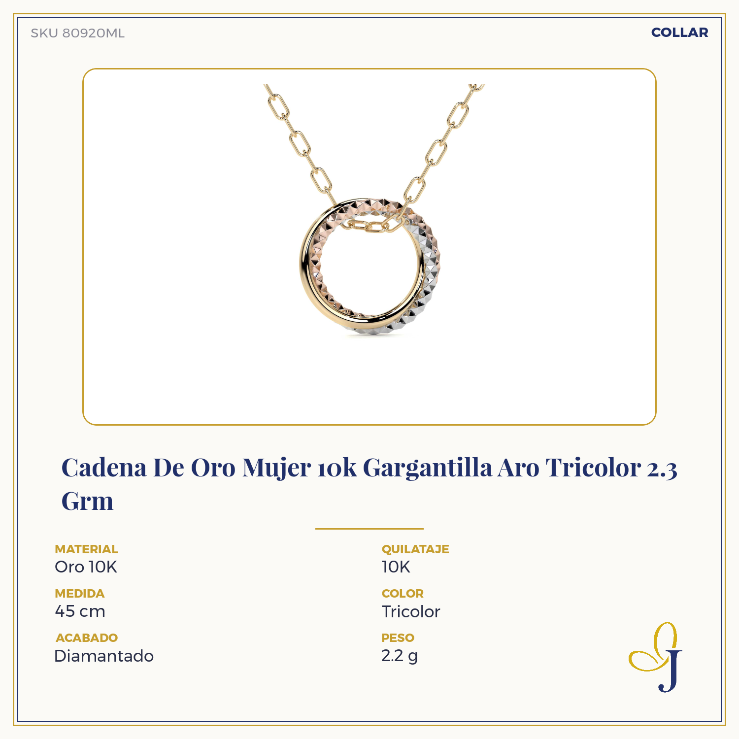 Cadena De Oro Mujer 10k Gargantilla Aro Tricolor 2.3 Grm
