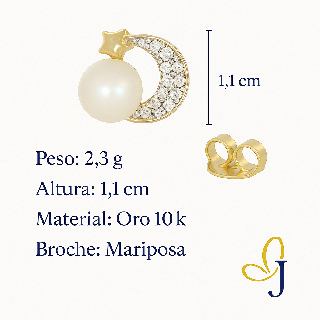 Aretes De Luna En Oro De 10k Con De Zirconia Y Perla