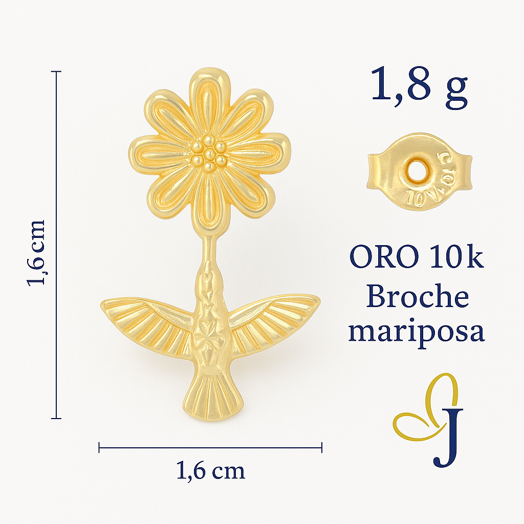 Arete broquel Colibrí con Flor en Oro de 10K