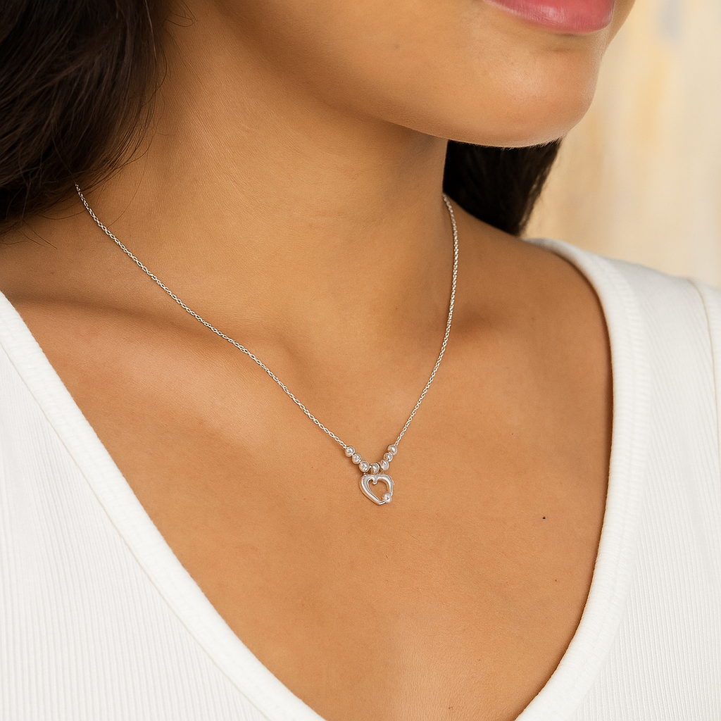 Collar De Corazon De Plata 925 Con Bola Diamantada De 45 Cm