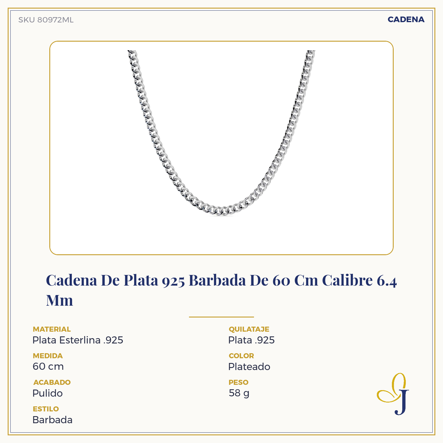 Cadena De Plata 925 Barbada De 60 Cm Calibre 6.4 Mm