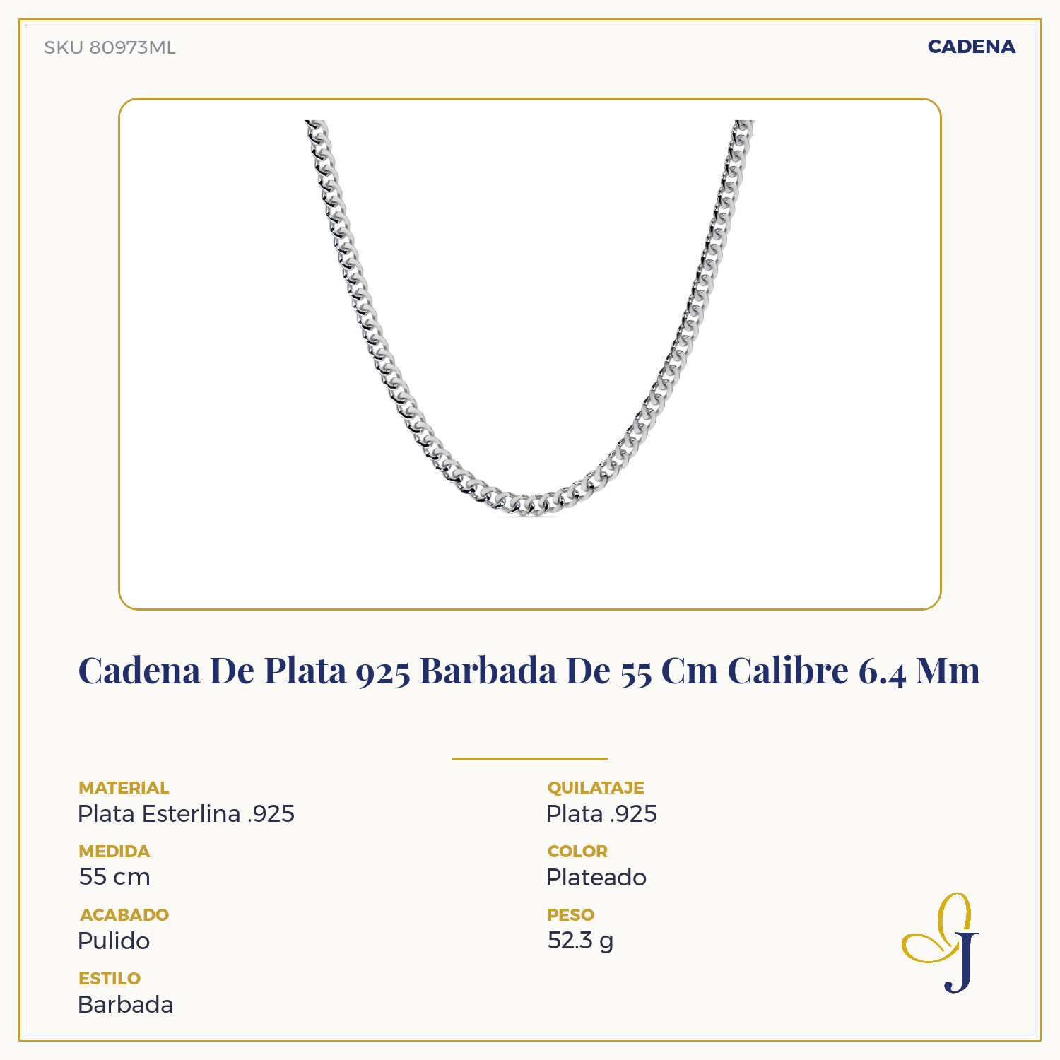 Cadena De Plata 925 Barbada De 55 Cm Calibre 6.4 Mm