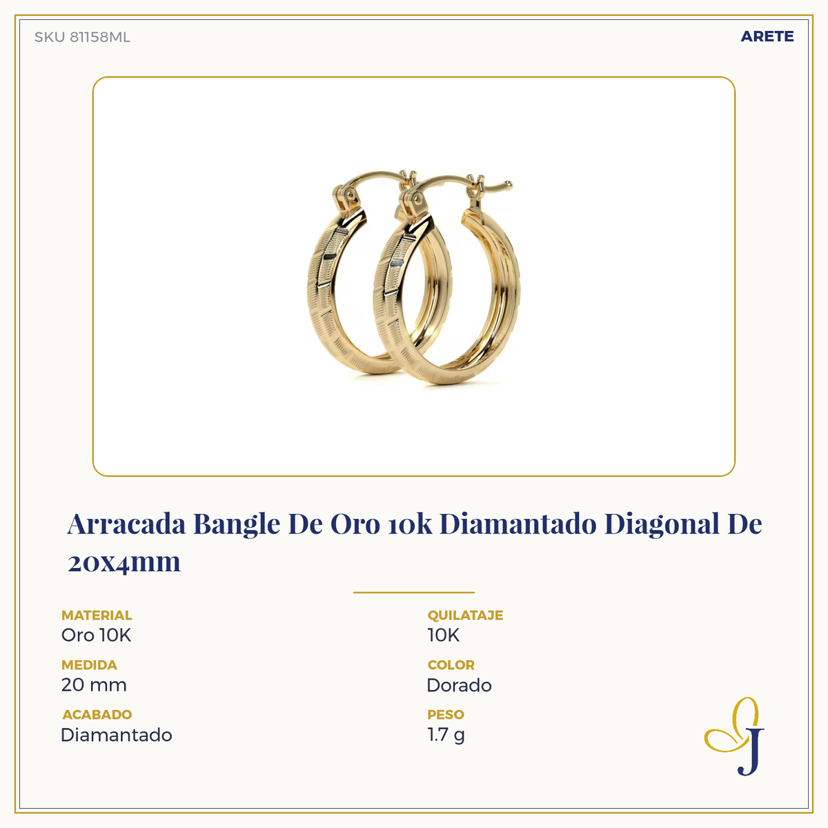 Arracada Bangle De Oro 10k Diamantado Diagonal De 20x4mm