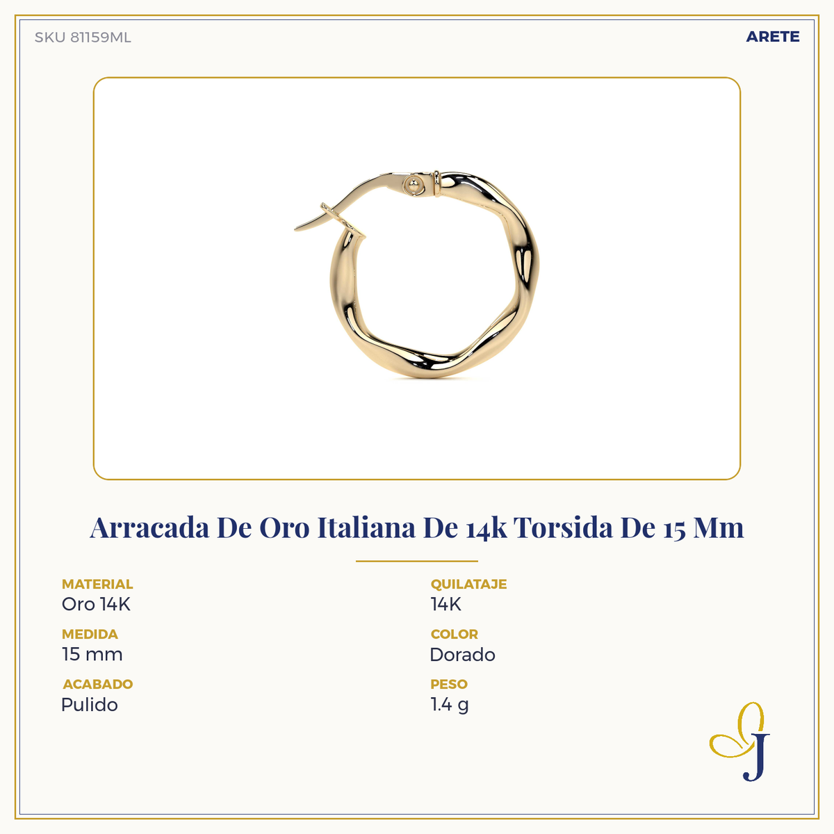 Arracada De Oro Italiana De 14k Torsida