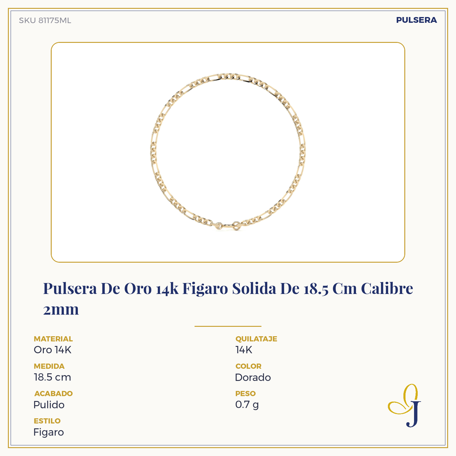Pulsera De Oro 14k Figaro Solida De 18.5 Cm Calibre 2mm