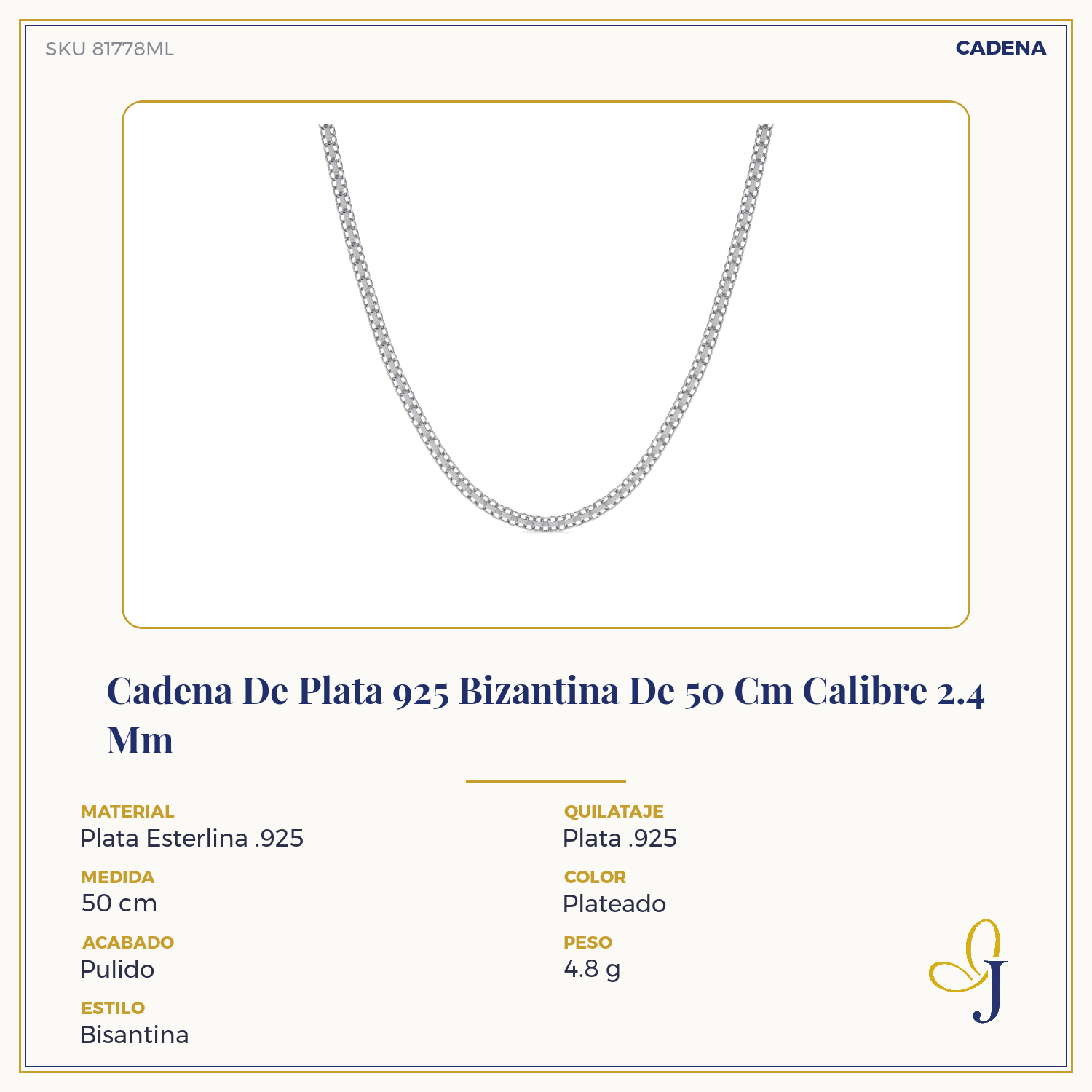 Cadena De Plata 925 Bizantina De 50 Cm Calibre 2.4 Mm