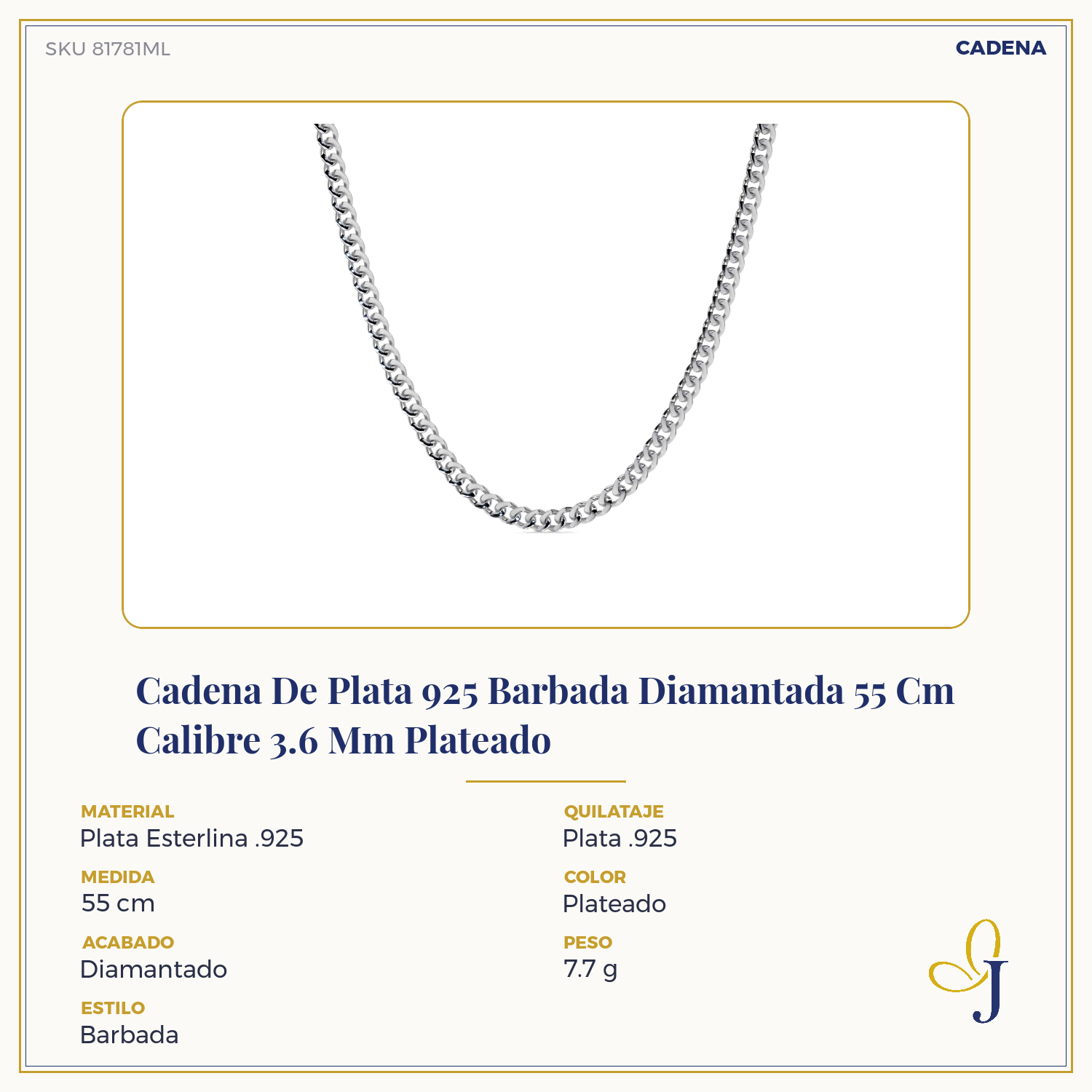 Cadena De Plata 925 Barbada Diamantada 55 Cm Calibre 3.6 Mm Plateado