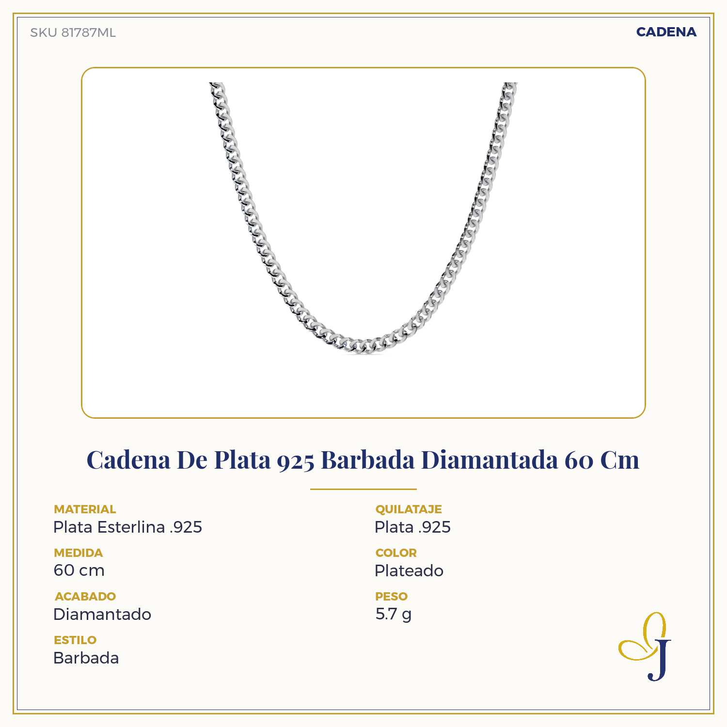 Cadena De Plata 925 Barbada Diamantada 60 Cm