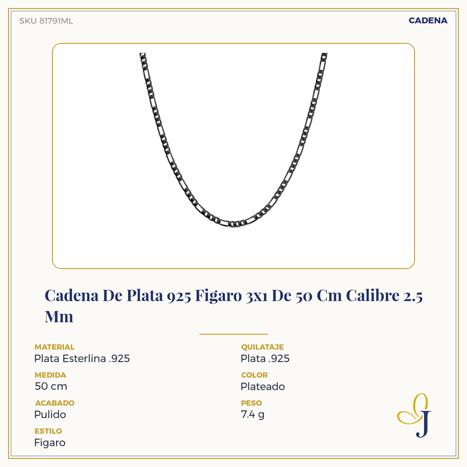 Cadena De Plata 925 Figaro 3x1 De 50 Cm Calibre 2.5 Mm