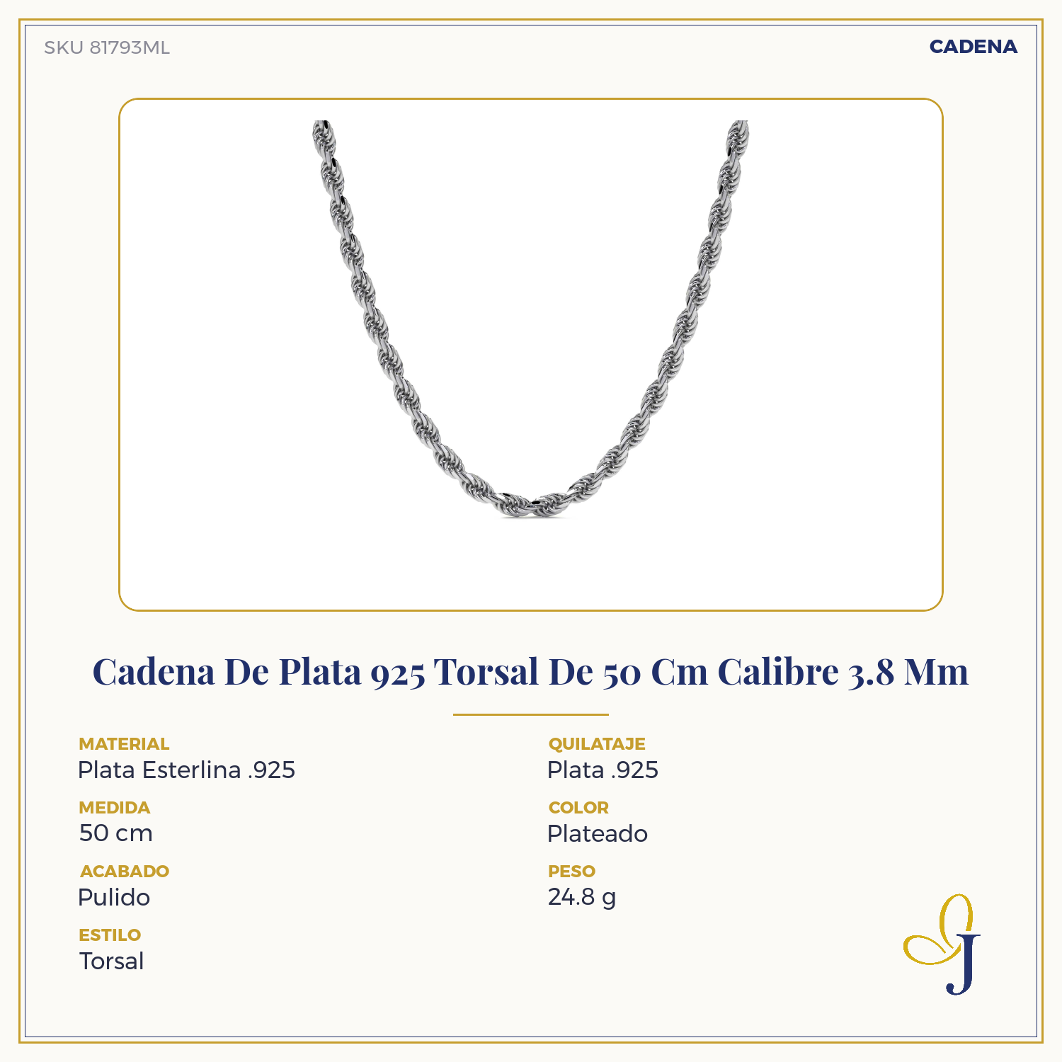 Cadena De Plata 925 Torsal De 50 Cm Calibre 3.8 Mm
