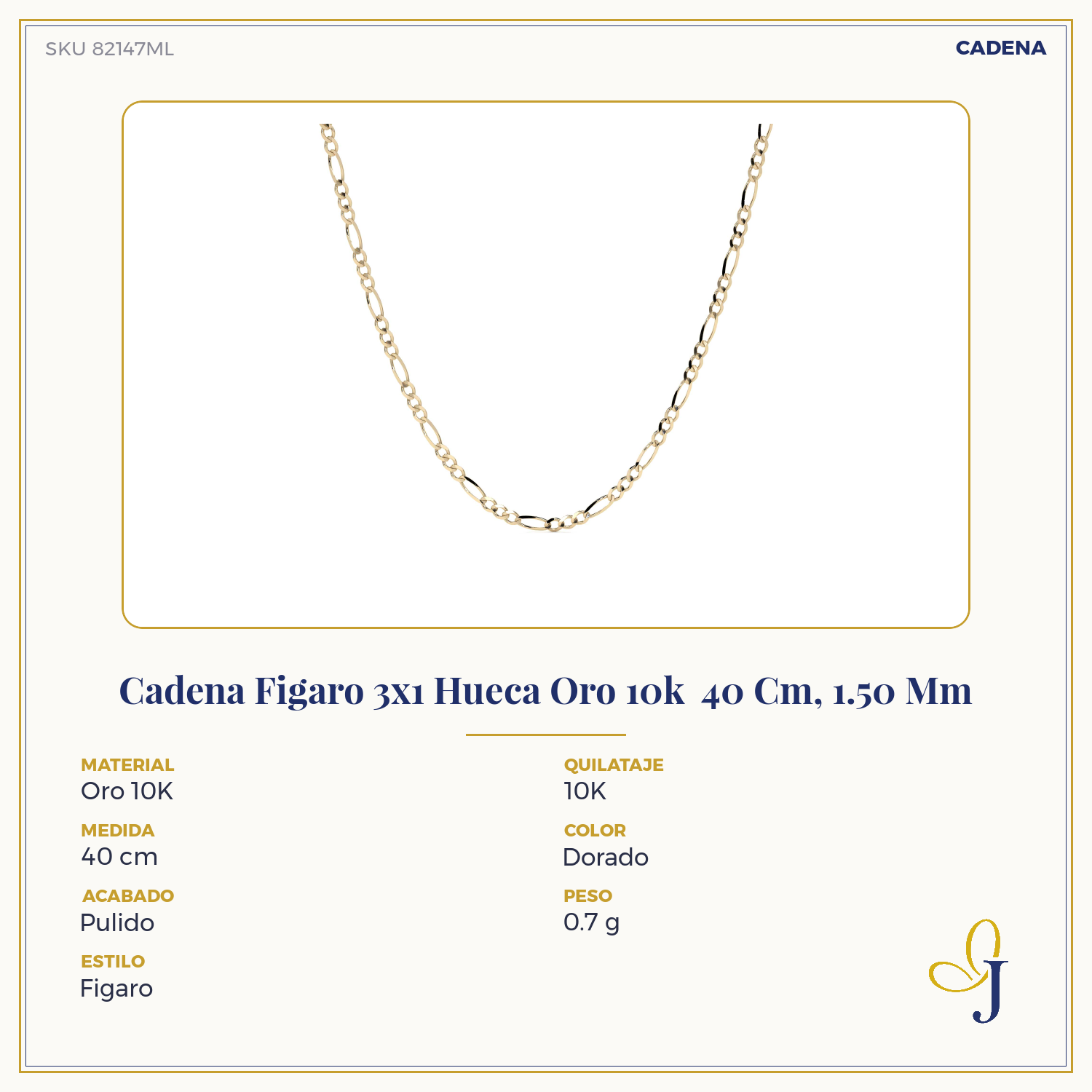 Cadena Figaro 3x1 Hueca Oro 10k  40 Cm, 1.50 Mm