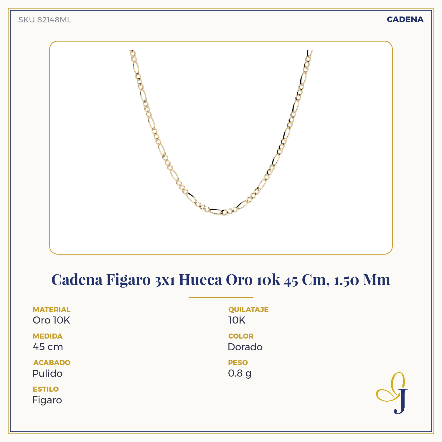 Cadena Figaro 3x1 Hueca Oro 10k 45 Cm, 1.50 Mm