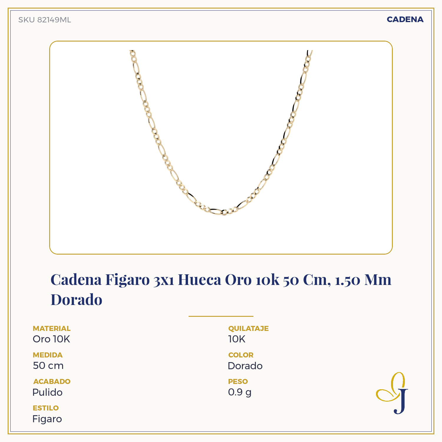 Cadena Figaro 3x1 Hueca Oro 10k 50 Cm, 1.50 Mm Dorado