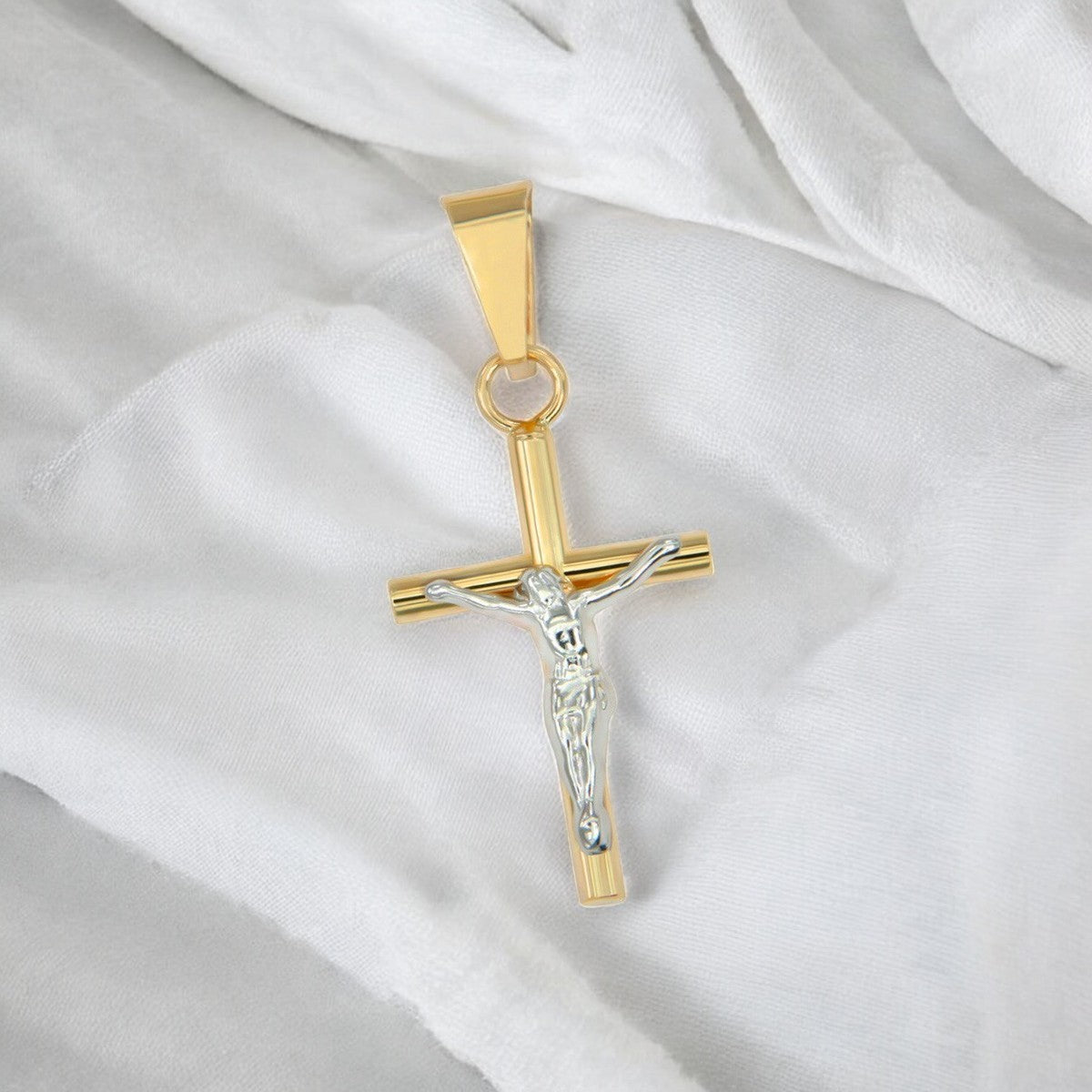 Dije De Cruz De Tubo Y Cristo Rodinado De Oro De 10k