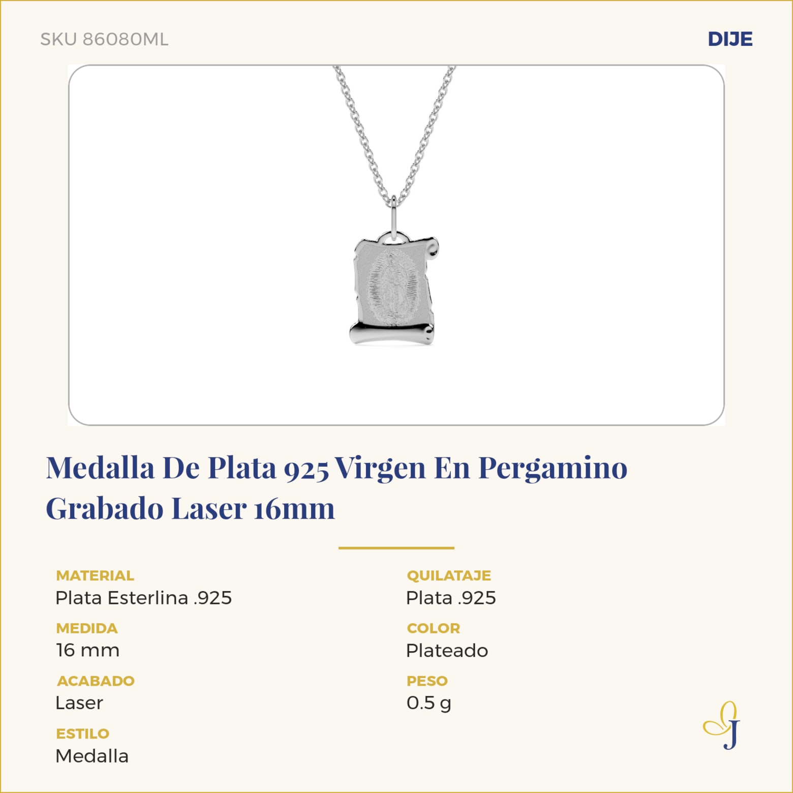 Medalla De Plata 925 Virgen En Pergamino Grabado Laser 16mm