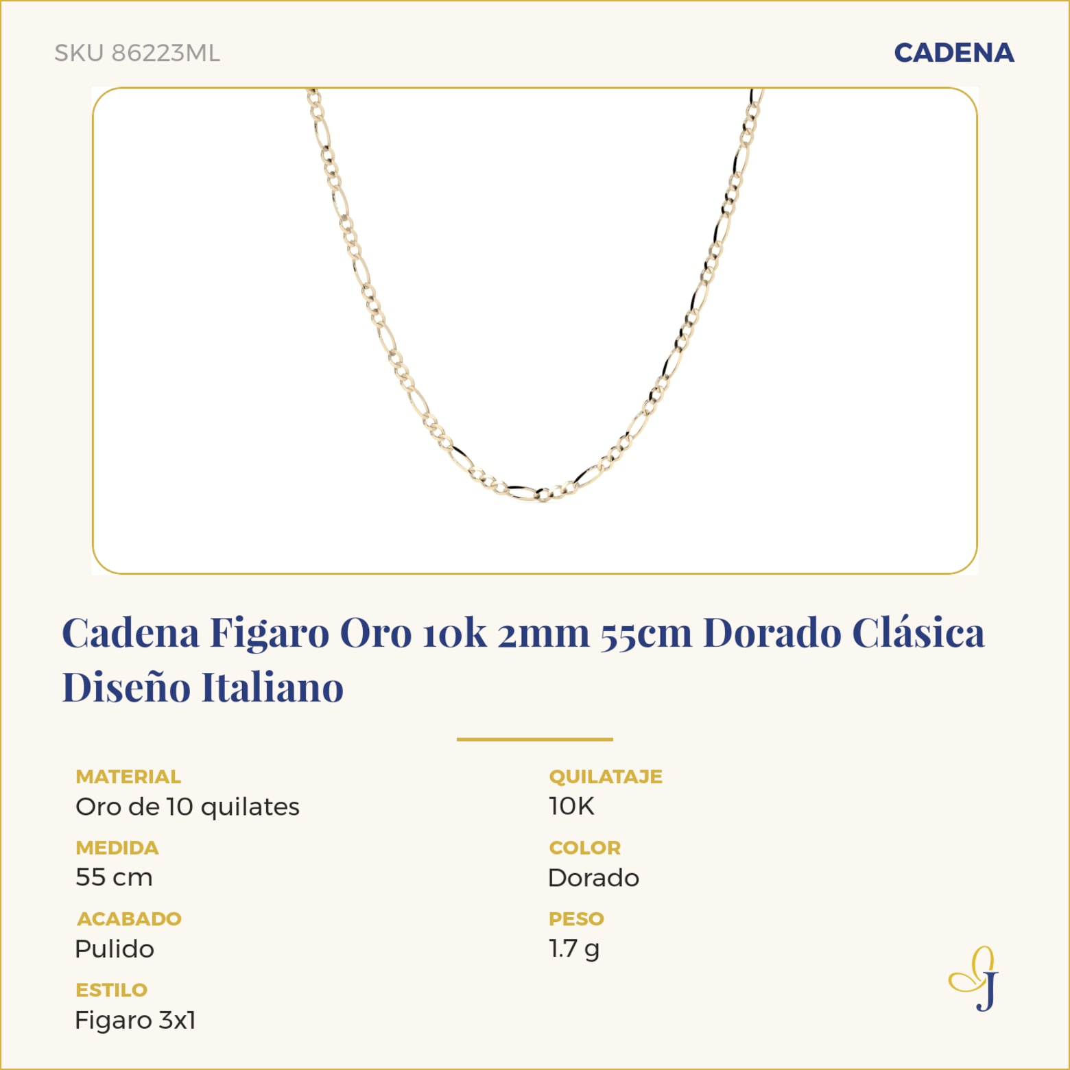 Cadena Figaro Oro 10k 2mm 55cm Dorado Clásica Diseño Italiano