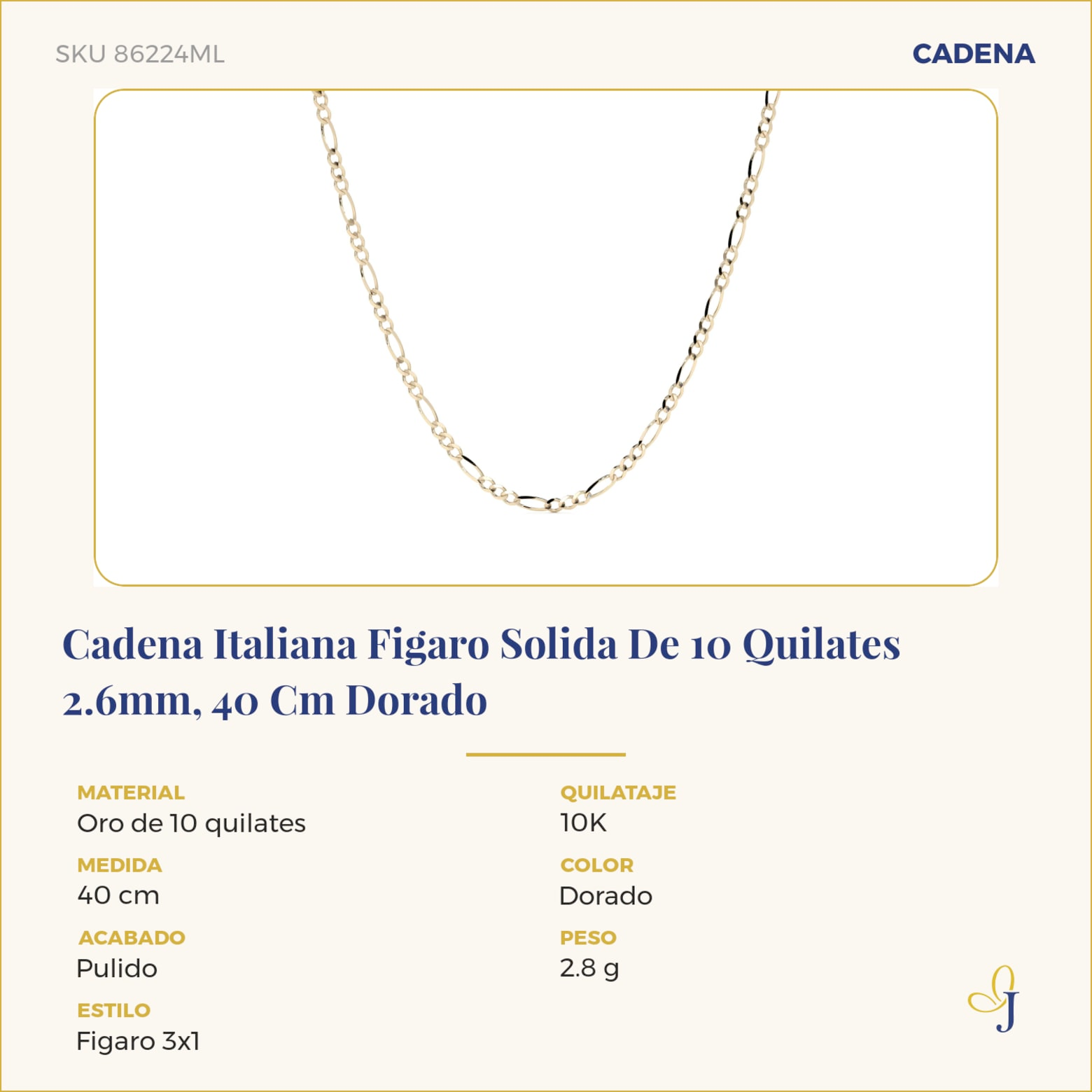 Cadena Italiana Figaro Solida De 10 Quilates 2.6mm, 40 Cm Dorado