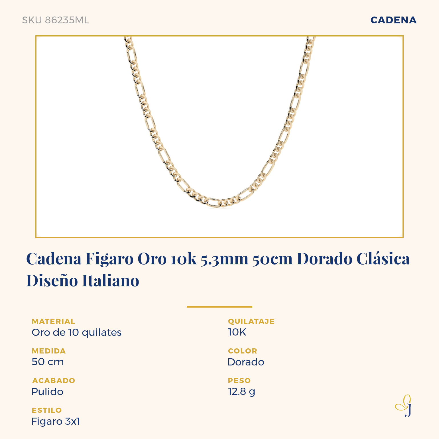 Cadena Italiana Figaro Solida De 10 Quilates 5.3 Mm, 55 Cm