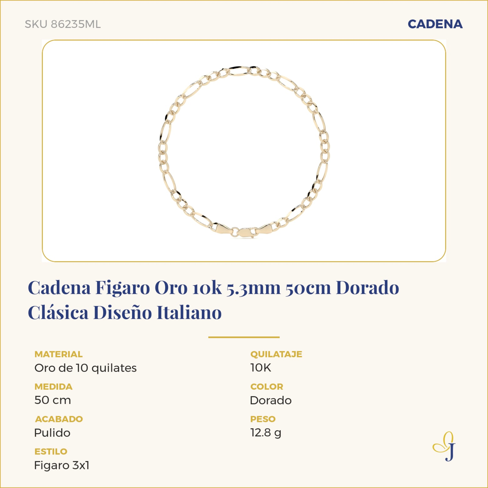 Cadena Figaro Oro 10k 5.3mm 50cm Dorado Clásica Diseño Italiano