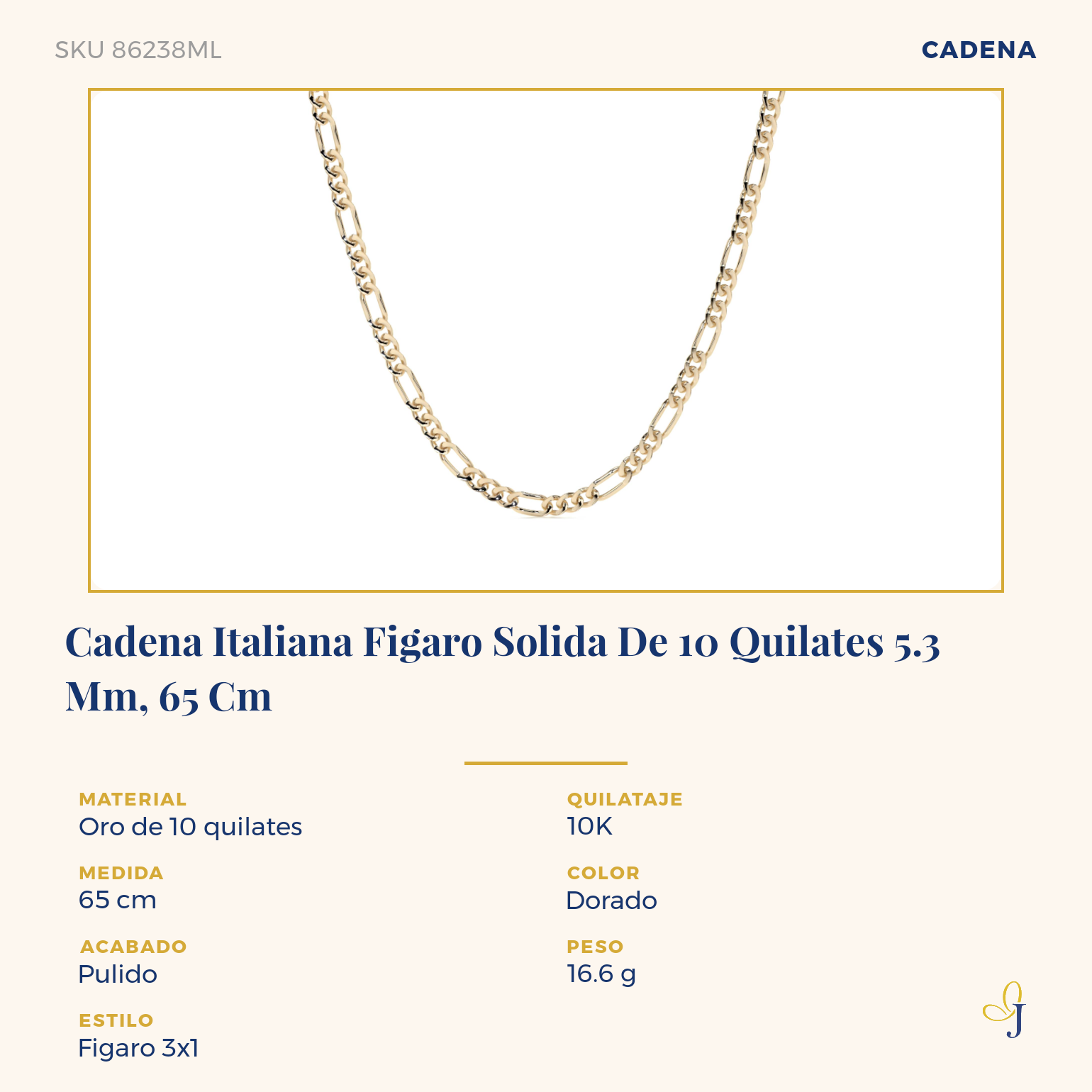 Cadena Italiana Figaro Solida De 10 Quilates 5.3 Mm, 55 Cm