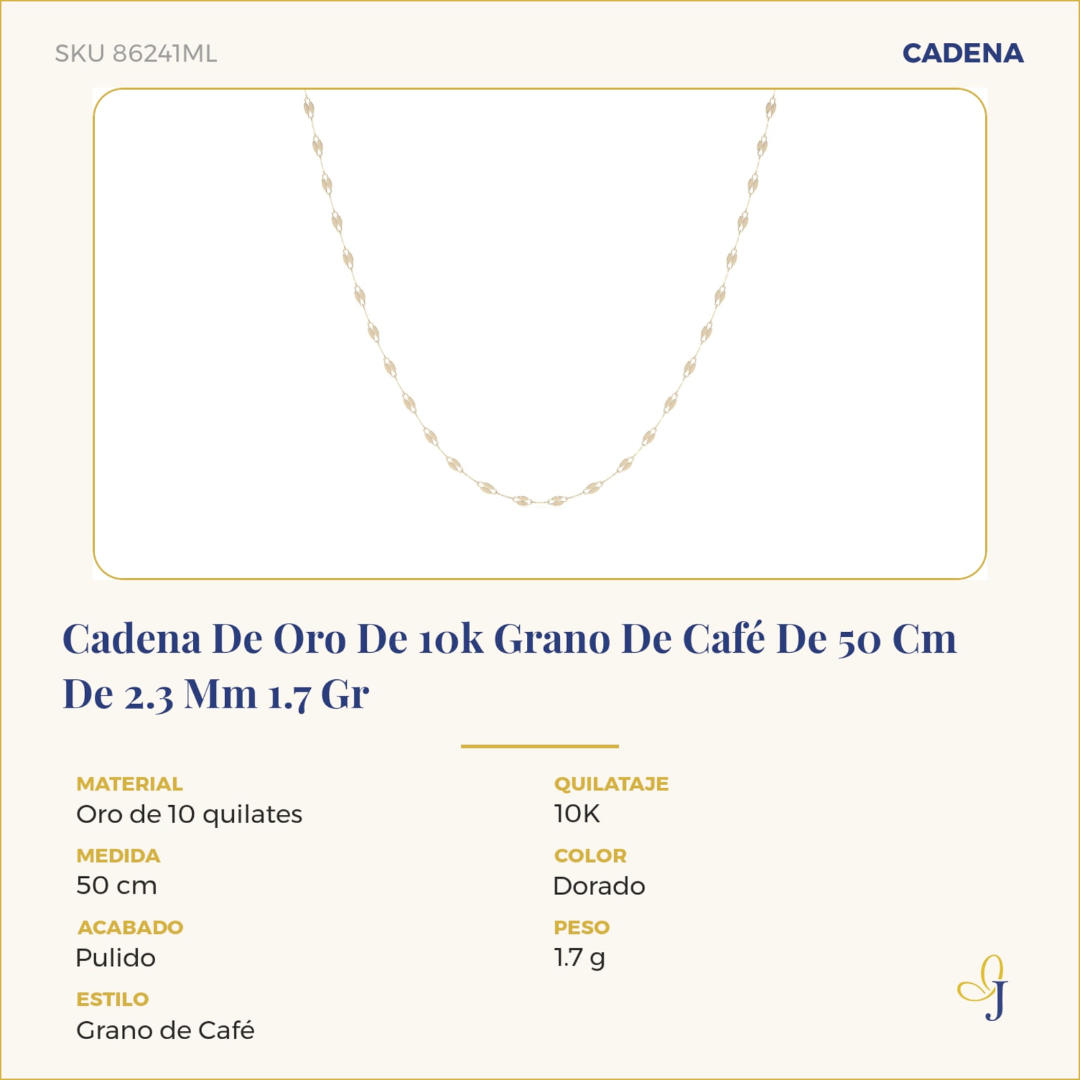 Cadena De Oro De 10k Grano De Café De 50 Cm De 2.3 Mm 1.7 Gr