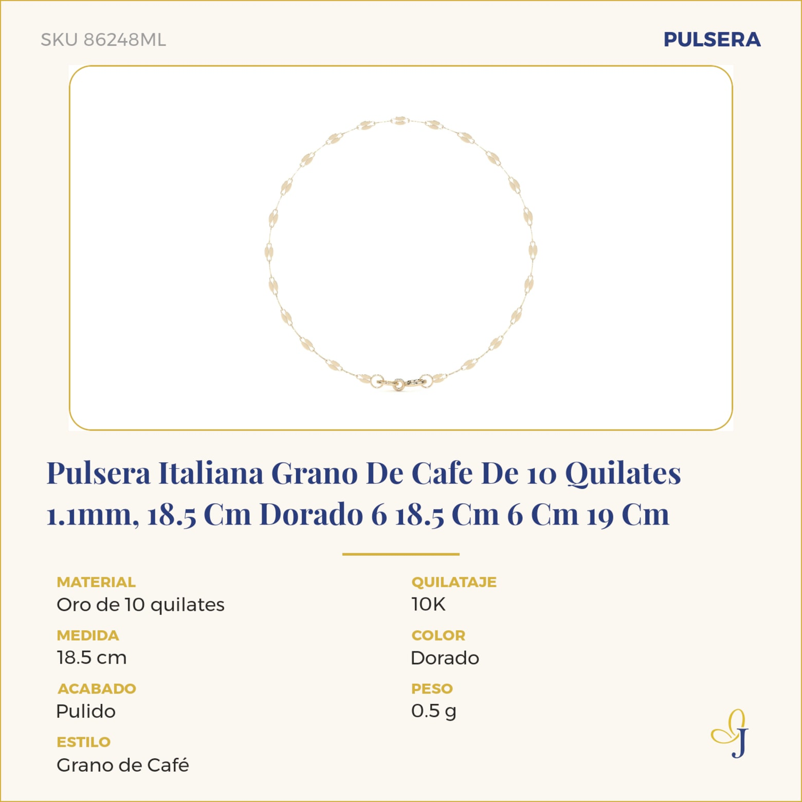 Pulsera Italiana Grano De Cafe De 10 Quilates 1.1mm, 18.5 Cm Dorado 6 18.5 Cm 6 Cm 19 Cm