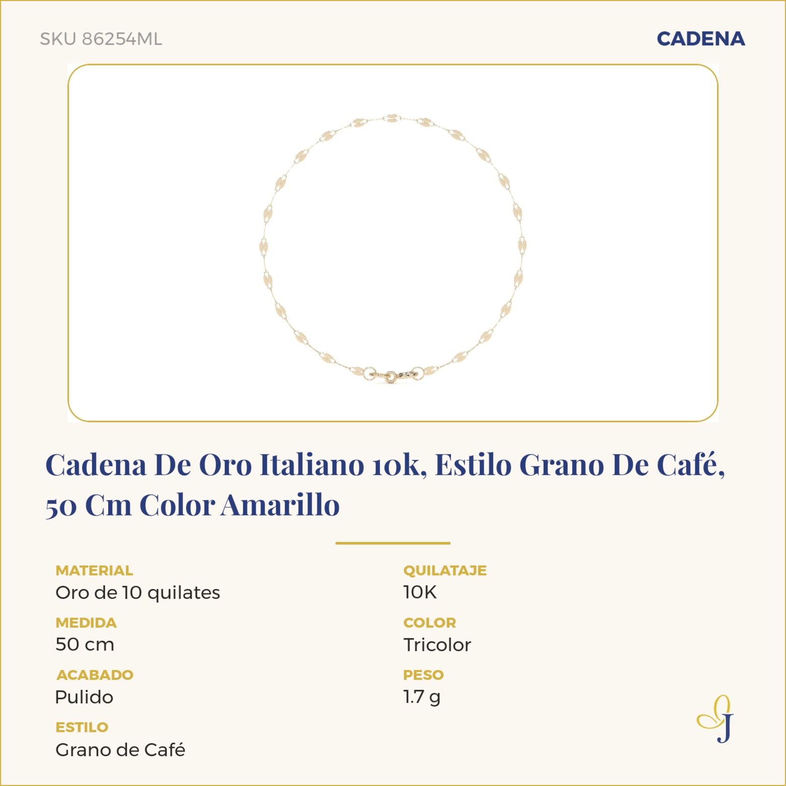 Cadena De Oro Italiano 10k, Estilo Grano De Café, 50 Cm Color Amarillo
