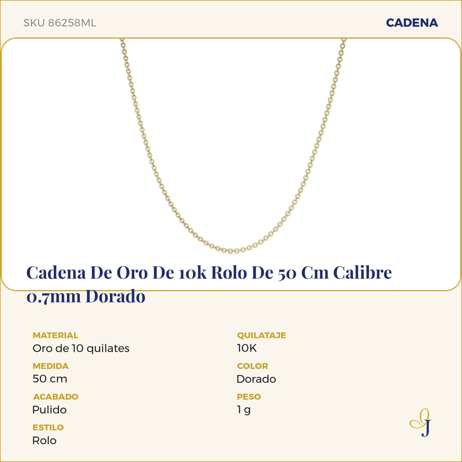 Cadena De Oro De 10k Rolo De 55 Cm Calibre 0.7mm