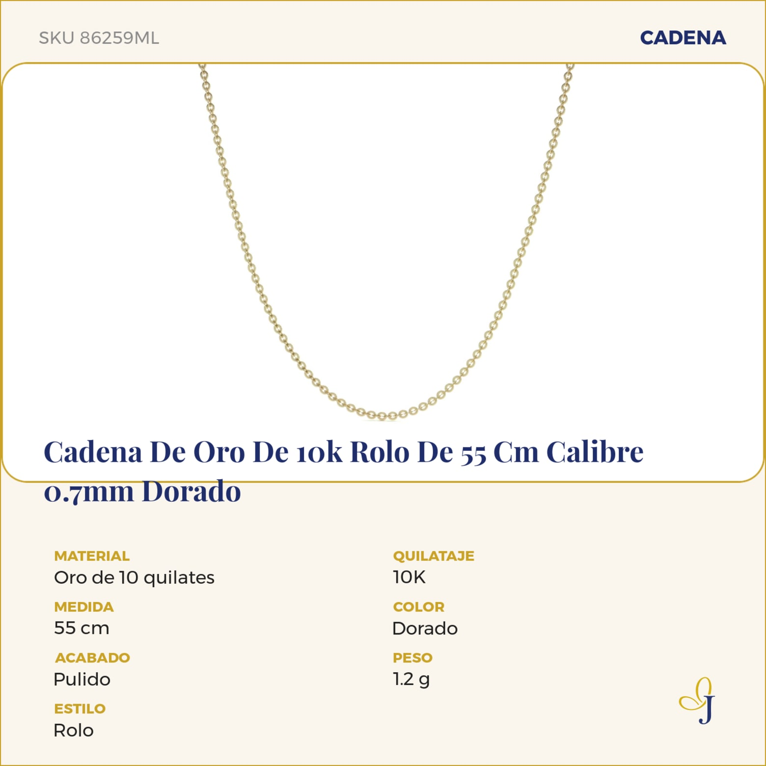 Cadena De Oro De 10k Rolo De 55 Cm Calibre 0.7mm