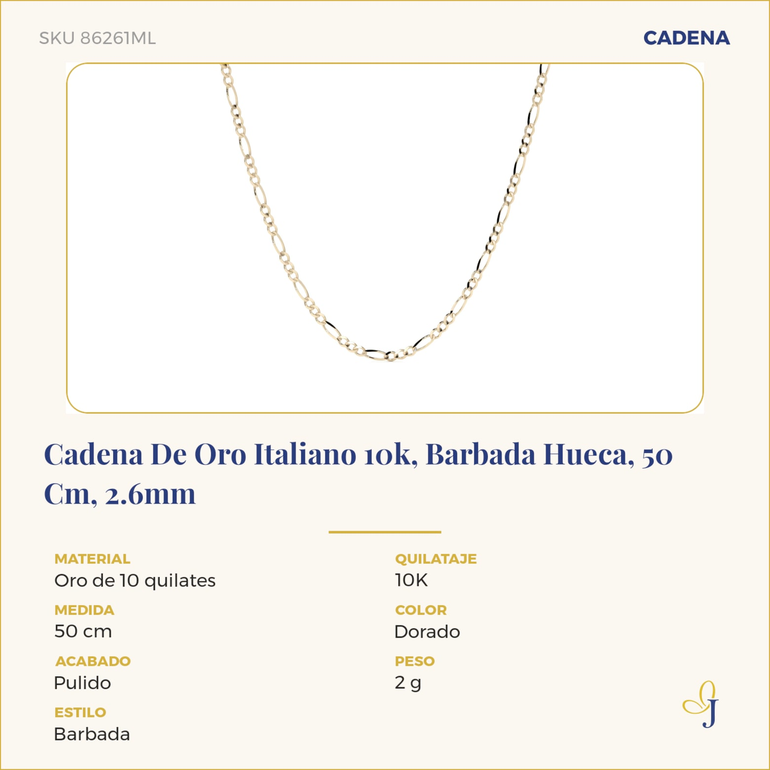 Cadena De Oro Italiano 10k, Barbada Hueca, 50 Cm, 2.6mm