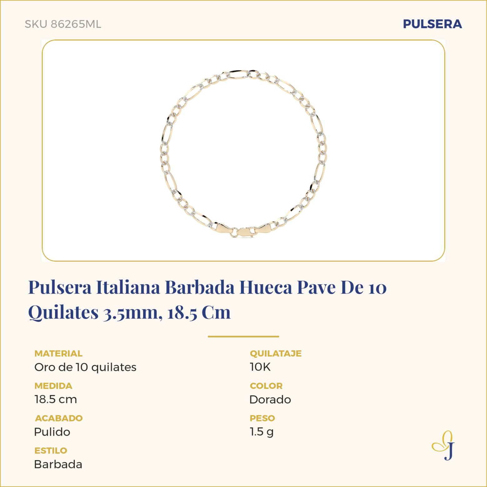 Pulsera Italiana Barbada Hueca Pave De 10 Quilates 3.5mm, 18.5 Cm