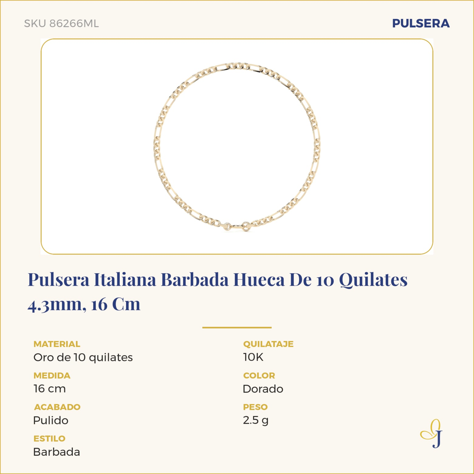 Pulsera Italiana Barbada Hueca De 10 Quilates 4.3mm, 16 Cm