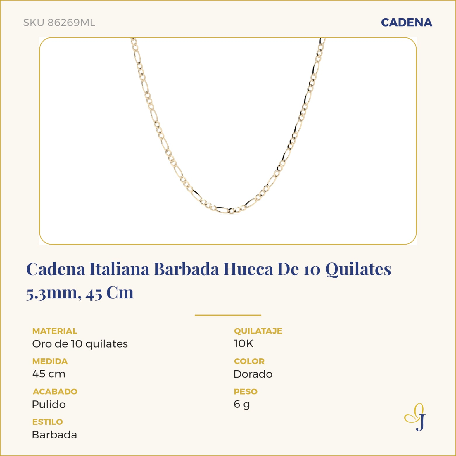 Cadena Italiana Barbada Hueca De 10 Quilates 5.3mm, 45 Cm