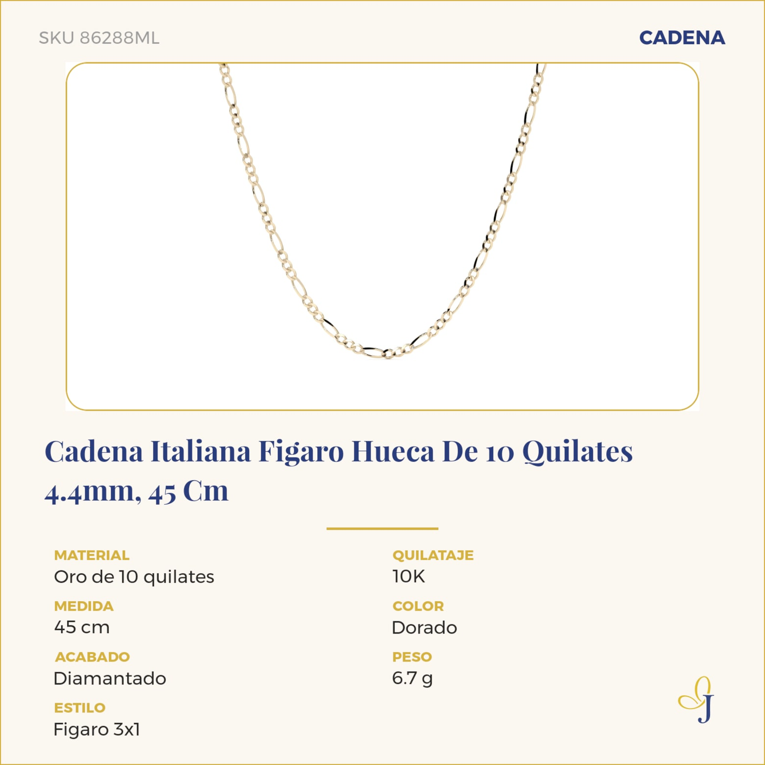 Cadena Italiana Figaro Hueca De 10 Quilates 4.4mm, 45 Cm