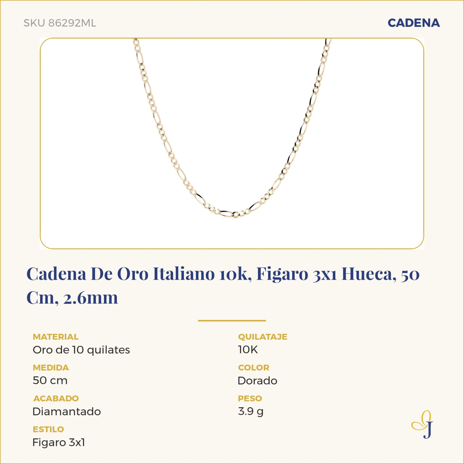 Cadena De Oro Italiano 10k, Figaro 3x1 Hueca, 50 Cm, 2.6mm