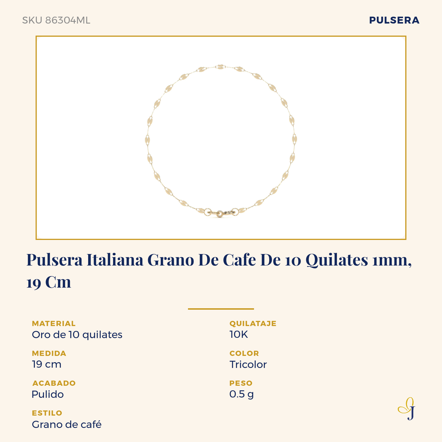 Pulsera Italiana Grano De Cafe De 10 Quilates 1mm, 19 Cm Dorado 6 18.5 Cm 6 Cm 19 Cm