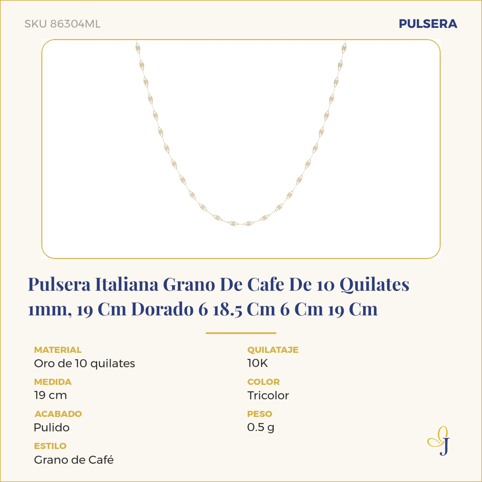 Pulsera Italiana Grano De Cafe De 10 Quilates 1mm, 19 Cm Dorado 6 18.5 Cm 6 Cm 19 Cm