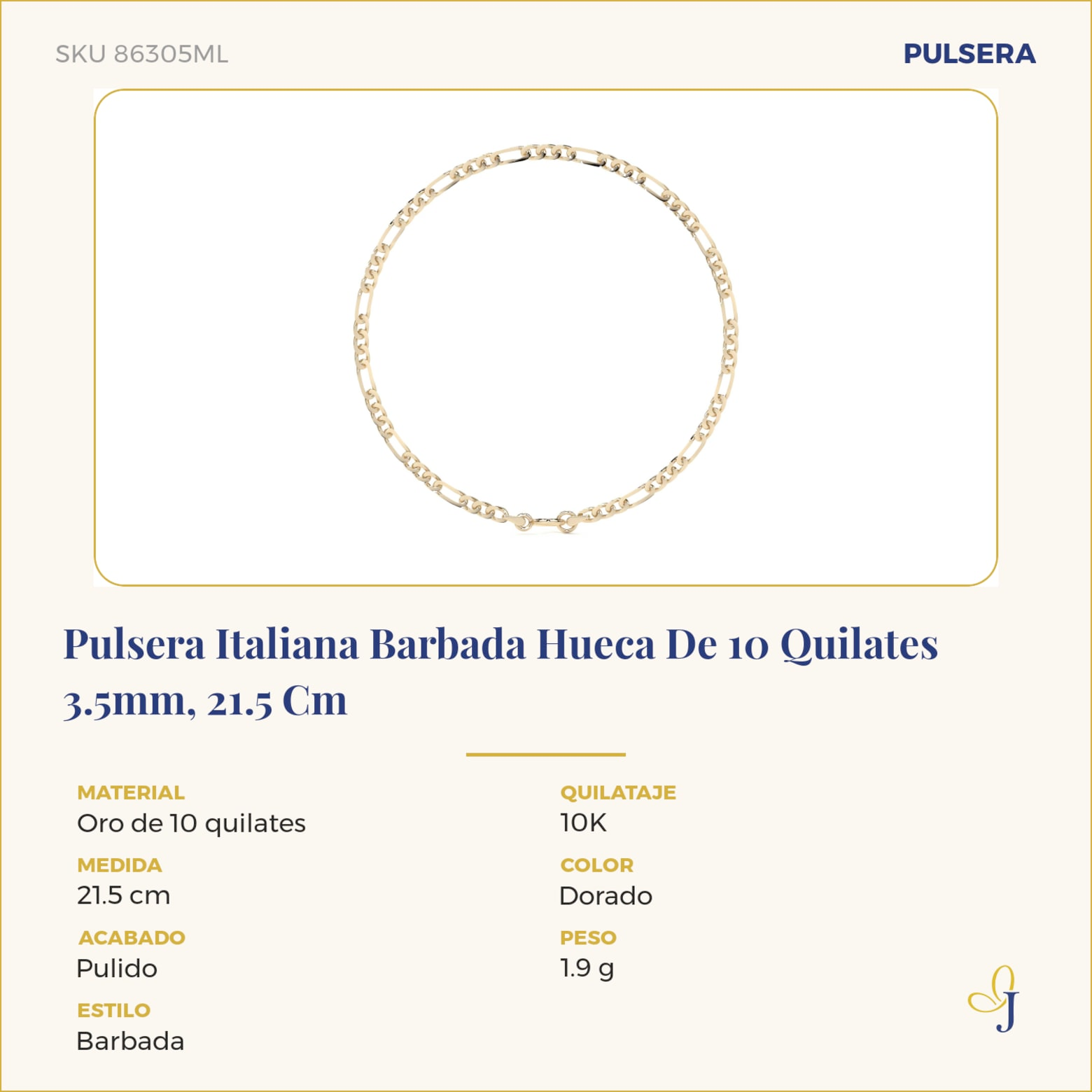 Pulsera Italiana Barbada Hueca De 10 Quilates 3.5mm, 21.5 Cm