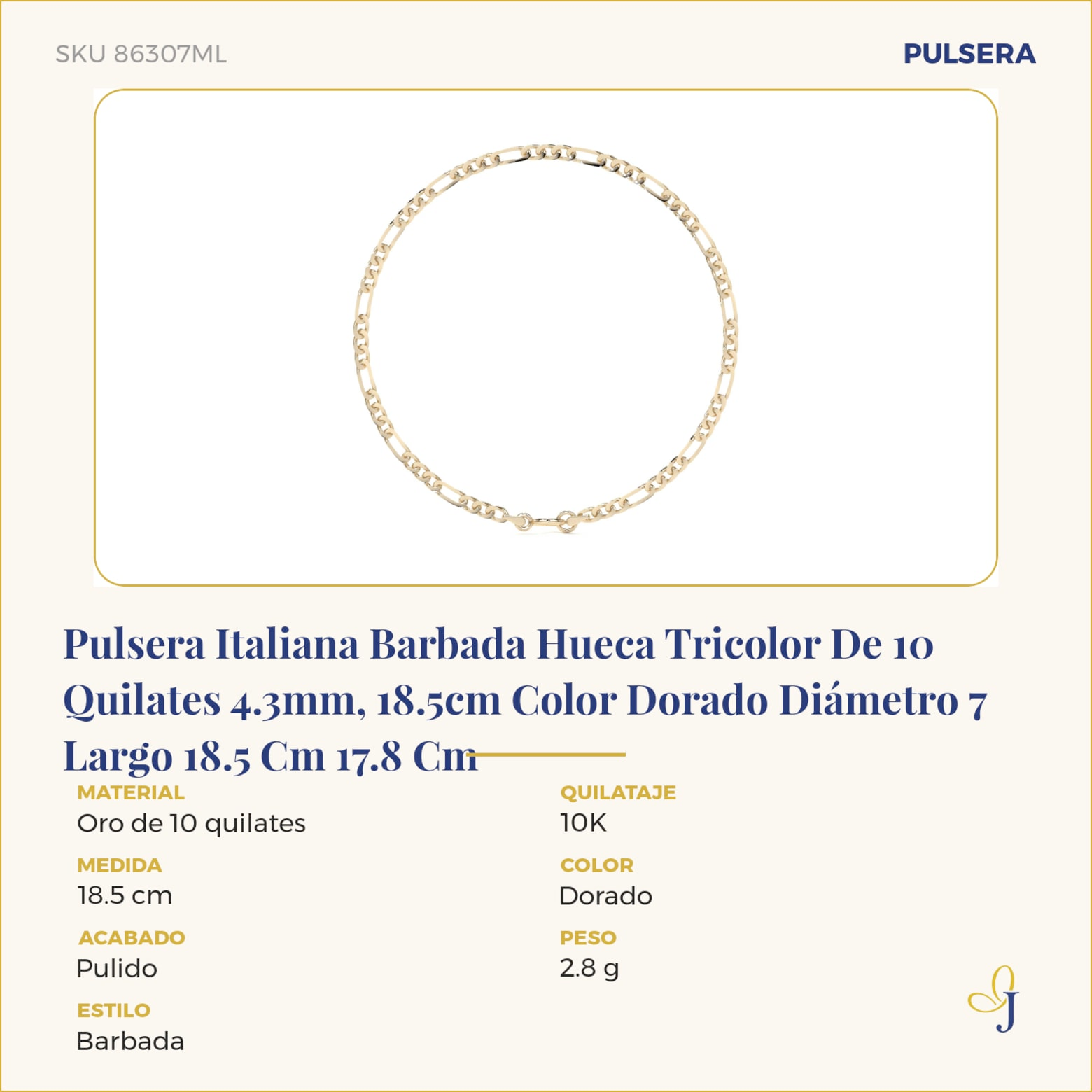 Pulsera Italiana Barbada Hueca Tricolor De 10 Quilates 4.3mm, 18.5cm Color Dorado Diámetro 7 Largo 18.5 Cm 17.8 Cm