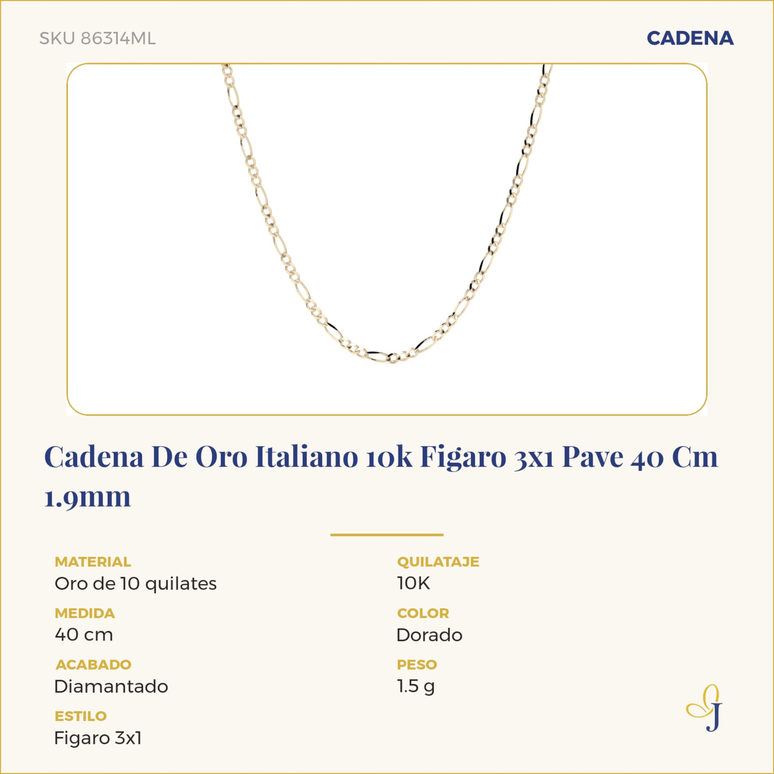 Cadena De Oro Italiano 10k Figaro 3x1 Pave 40 Cm 1.9mm