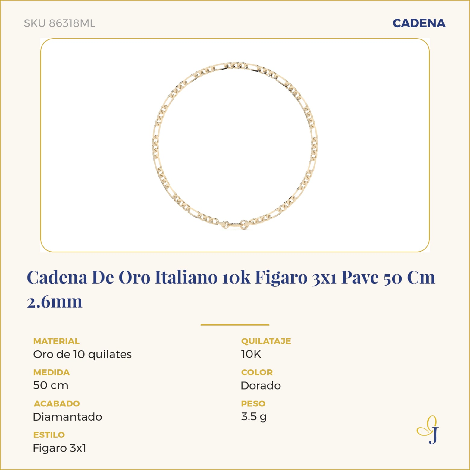 Cadena De Oro Italiano 10k Figaro 3x1 Pave 45 Cm 2.6mm