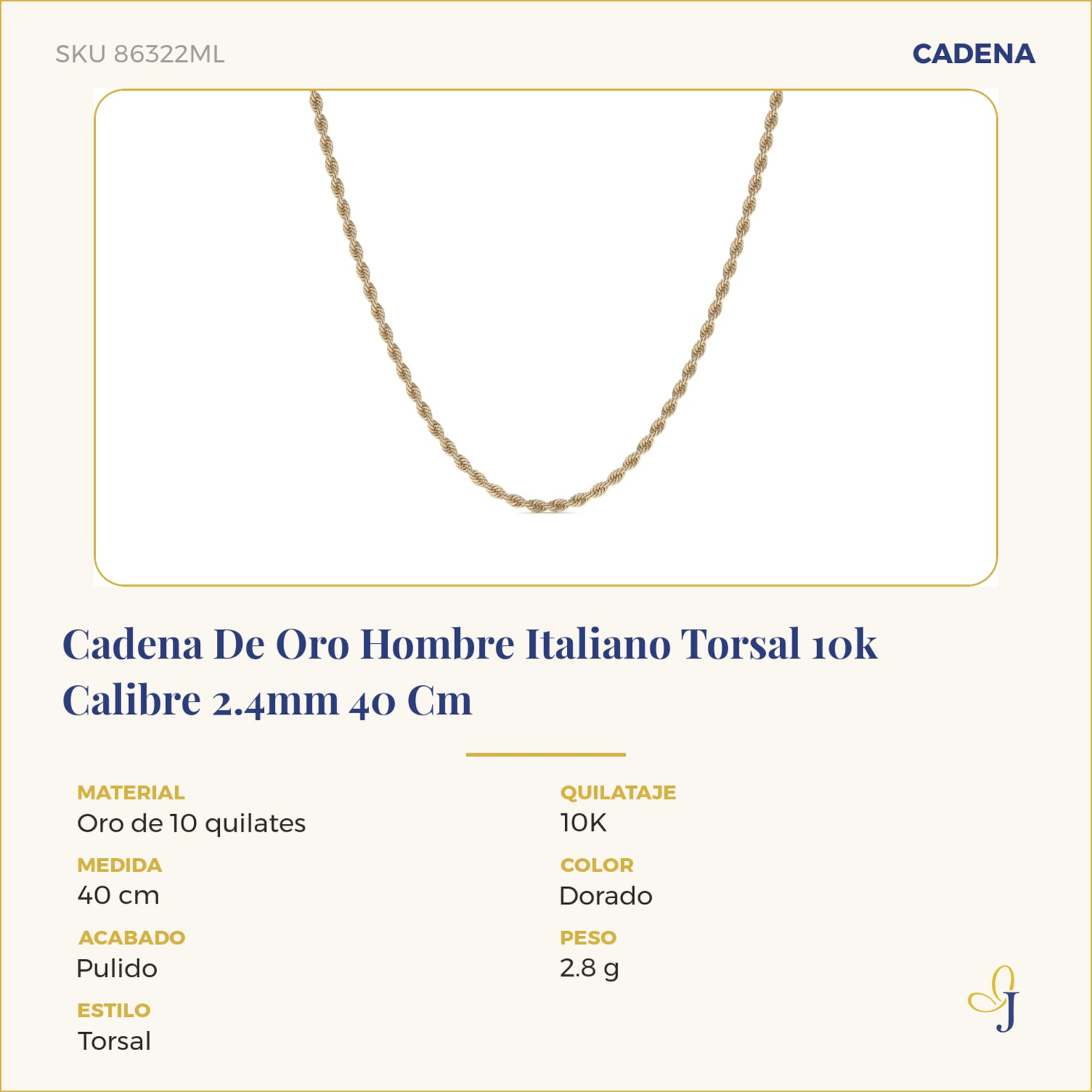 Cadena De Oro Hombre Italiano Torsal 10k Calibre 2.4mm 40 Cm