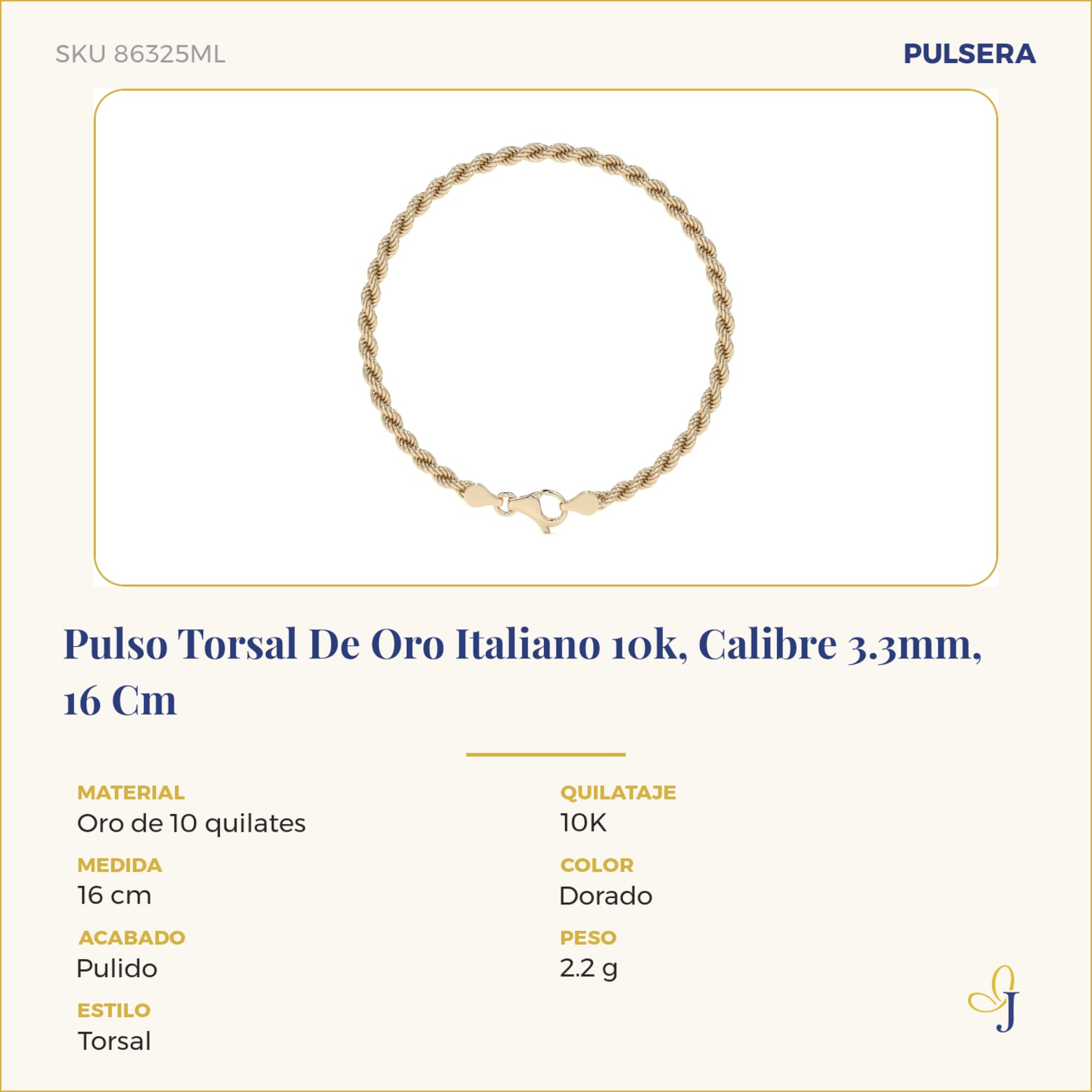 Pulso Torsal De Oro Italiano 10k, Calibre 3.3mm, 16 Cm