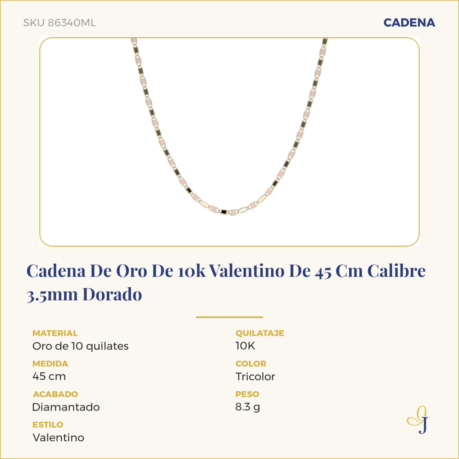 Cadena De Oro De 10k Valentino De 45 Cm Calibre 3.5mm Dorado